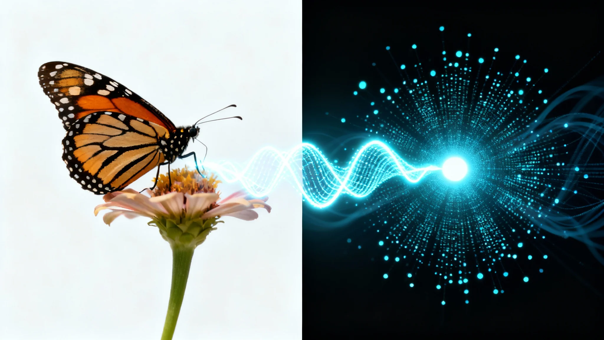 An illustration of Fourier image processing, showing a photorealistic butterfly on the left transforming into its abstract frequency spectrum representation on the right, against a clean white background.
