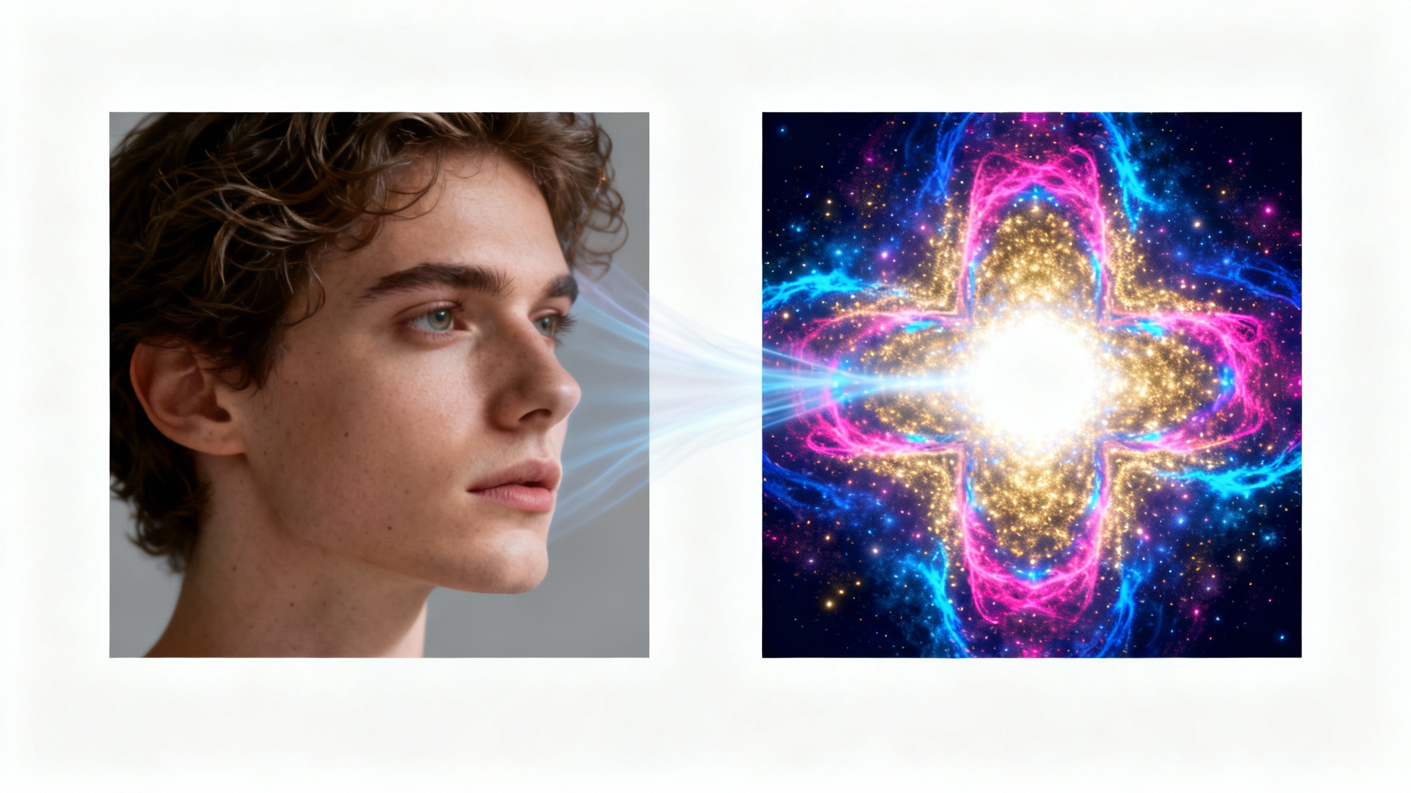 A split-image illustrating Fourier transform: on the left, a realistic portrait of a face; on the right, its abstract, colorful, and glowing frequency spectrum representation.