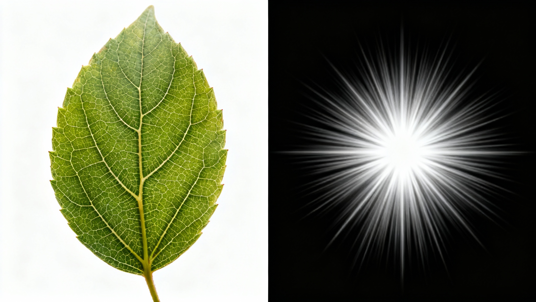 A side-by-side comparison showing a detailed photo of a leaf on the left and its complex Fourier Transform, represented as a white starburst pattern on a black background, on the right.