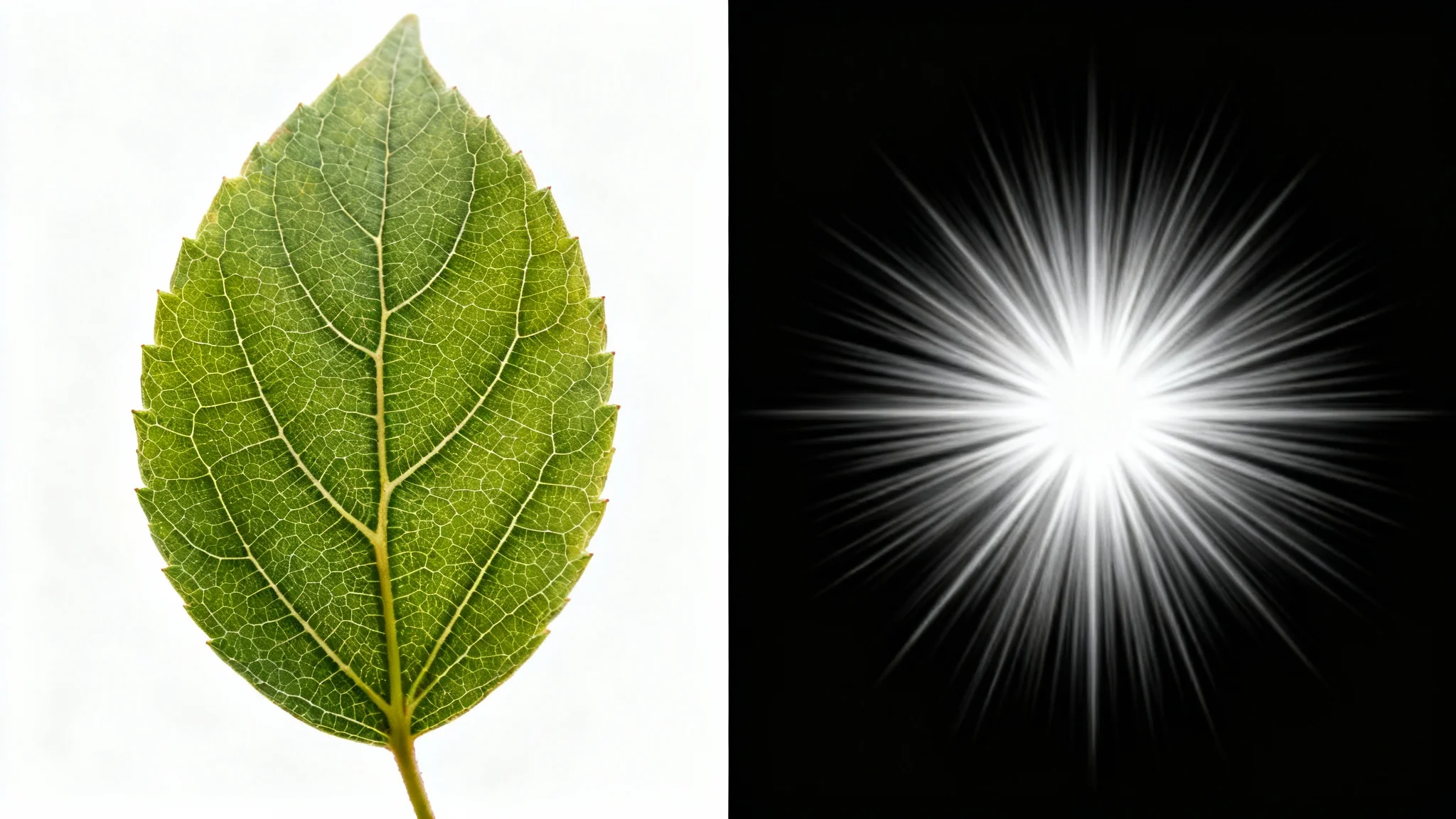 A side-by-side comparison showing a detailed photo of a leaf on the left and its complex Fourier Transform, represented as a white starburst pattern on a black background, on the right.