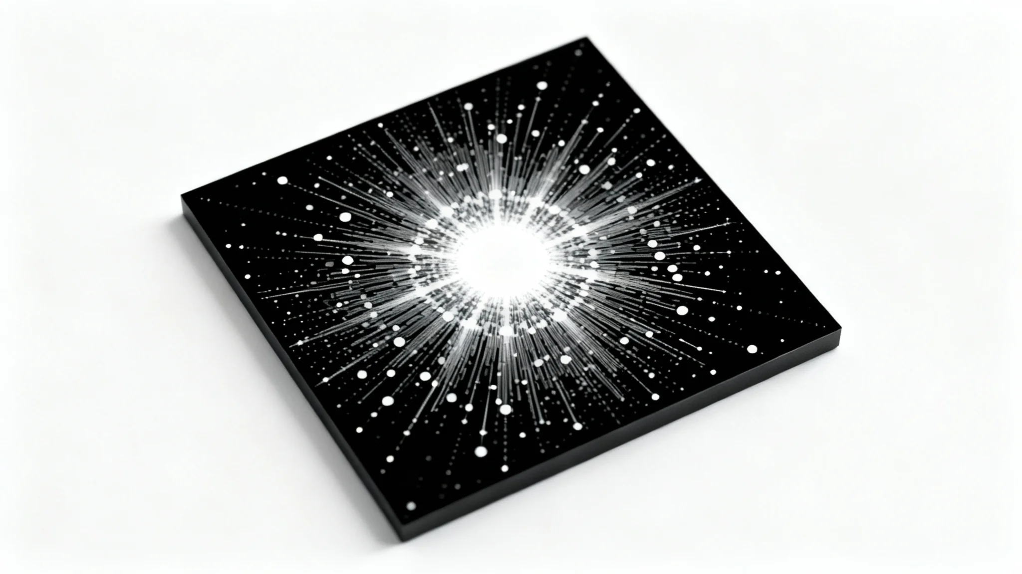 A scientific visualization of a Fourier Transform, showing a bright central point with radiating lines and dots on a black square, all isolated against a plain white background, representing image frequency analysis.