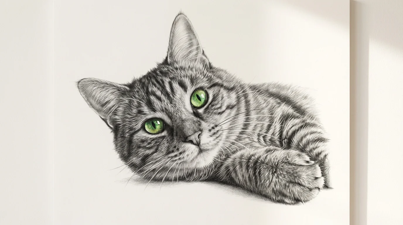 A hyperrealistic, highly detailed drawing of a tabby cat's face against a plain white background. The cat has piercing green eyes and individual hairs are visible, showcasing the quality of the drawing tool.