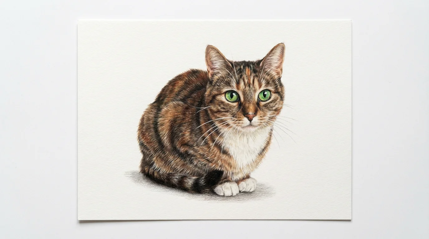 A hyperrealistic colored pencil drawing of a tabby cat with detailed green eyes and intricate fur texture, presented on a white sheet of paper against a clean white background.