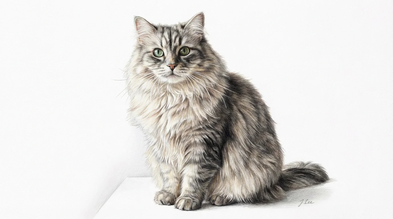A hyperrealistic colored pencil drawing of a fluffy Siberian cat with green eyes, looking at the camera, set against a plain white background.