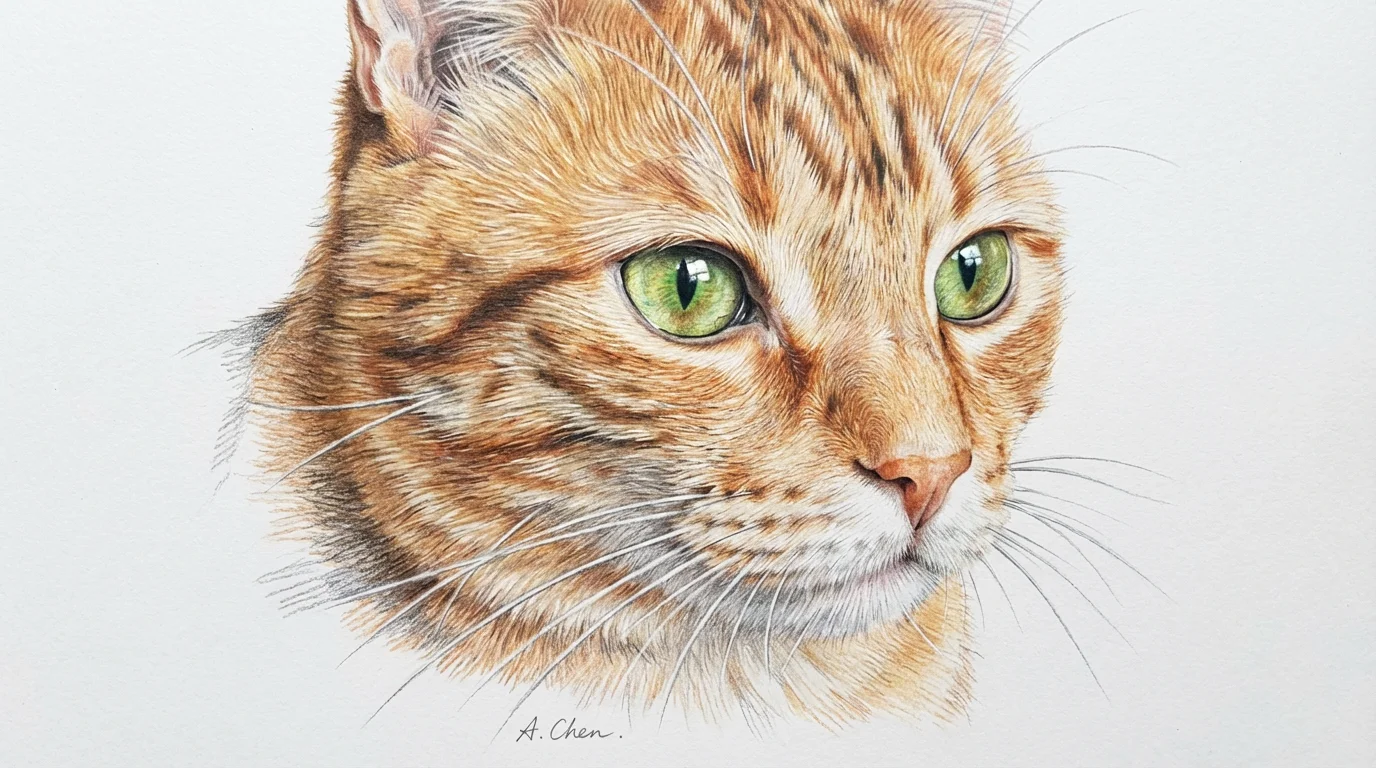 A highly realistic, detailed color and graphite pencil drawing of a ginger tabby cat's head and shoulders, presented against a plain white background.
