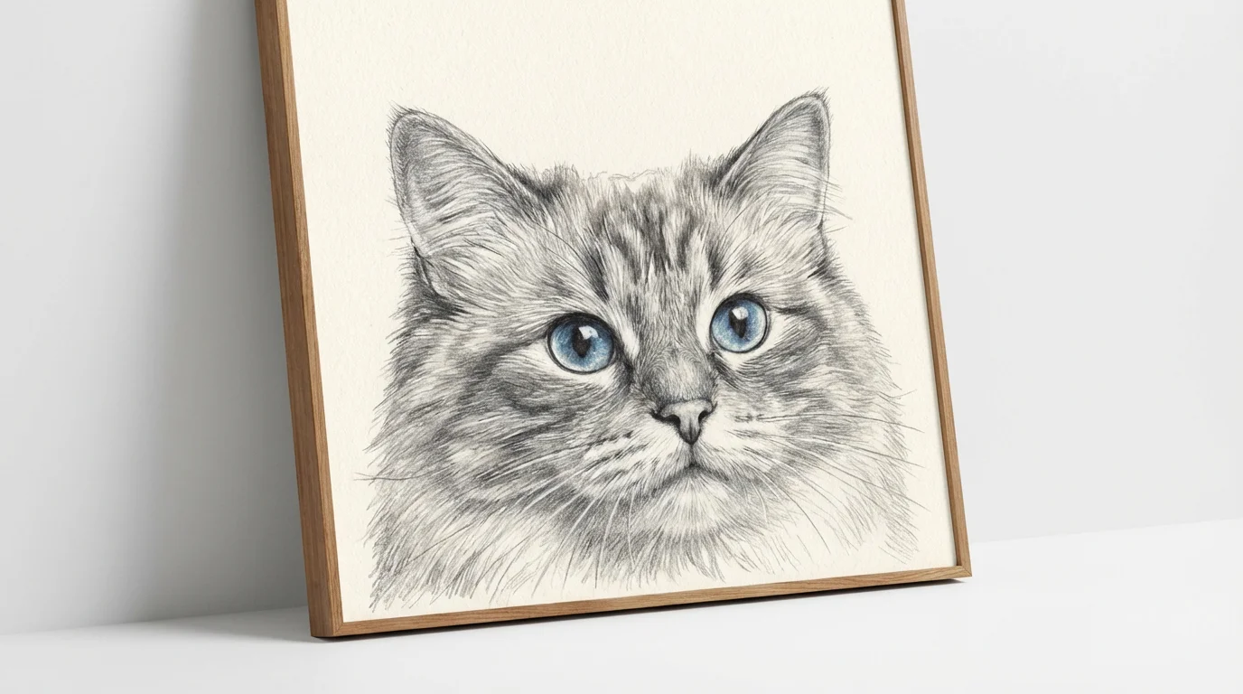 A hyperrealistic colored pencil drawing of a fluffy cat with striking blue eyes, displayed as a mockup on a clean white background.