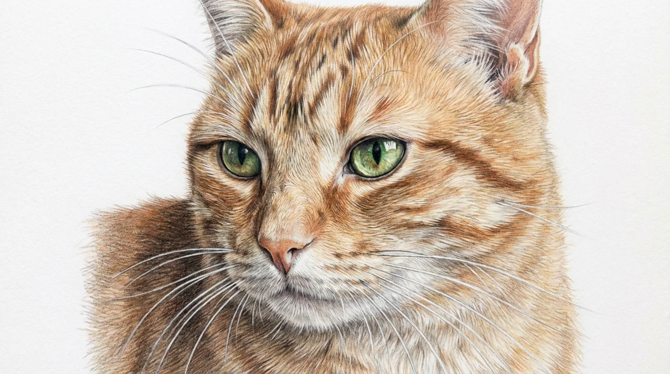A hyperrealistic drawing of a ginger tabby cat, focusing on its head and shoulders. The cat has green eyes and detailed fur, rendered in colored pencil on a clean white background.