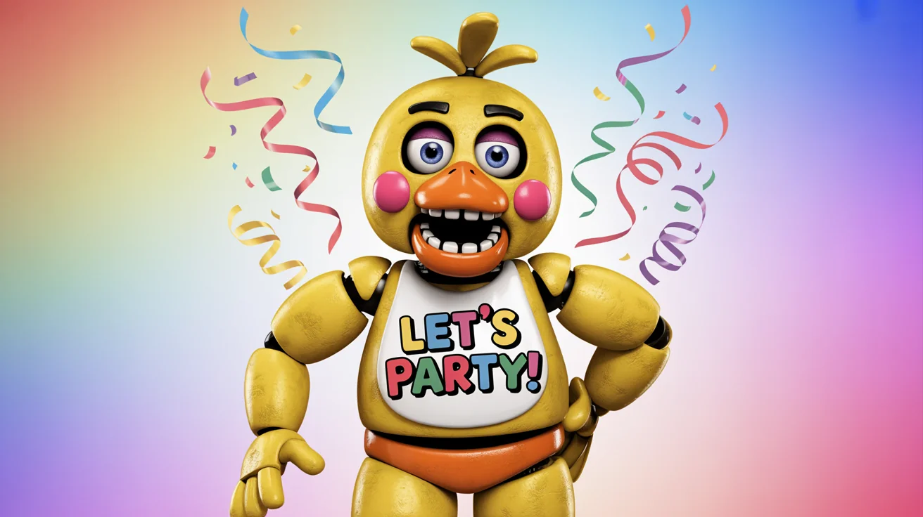A vibrant 16:9 digital wallpaper featuring Toy Chica from Five Nights at Freddy's, smiling cheerfully in front of a colorful party background with confetti, wearing her bib that reads 'LET'S PARTY!'.