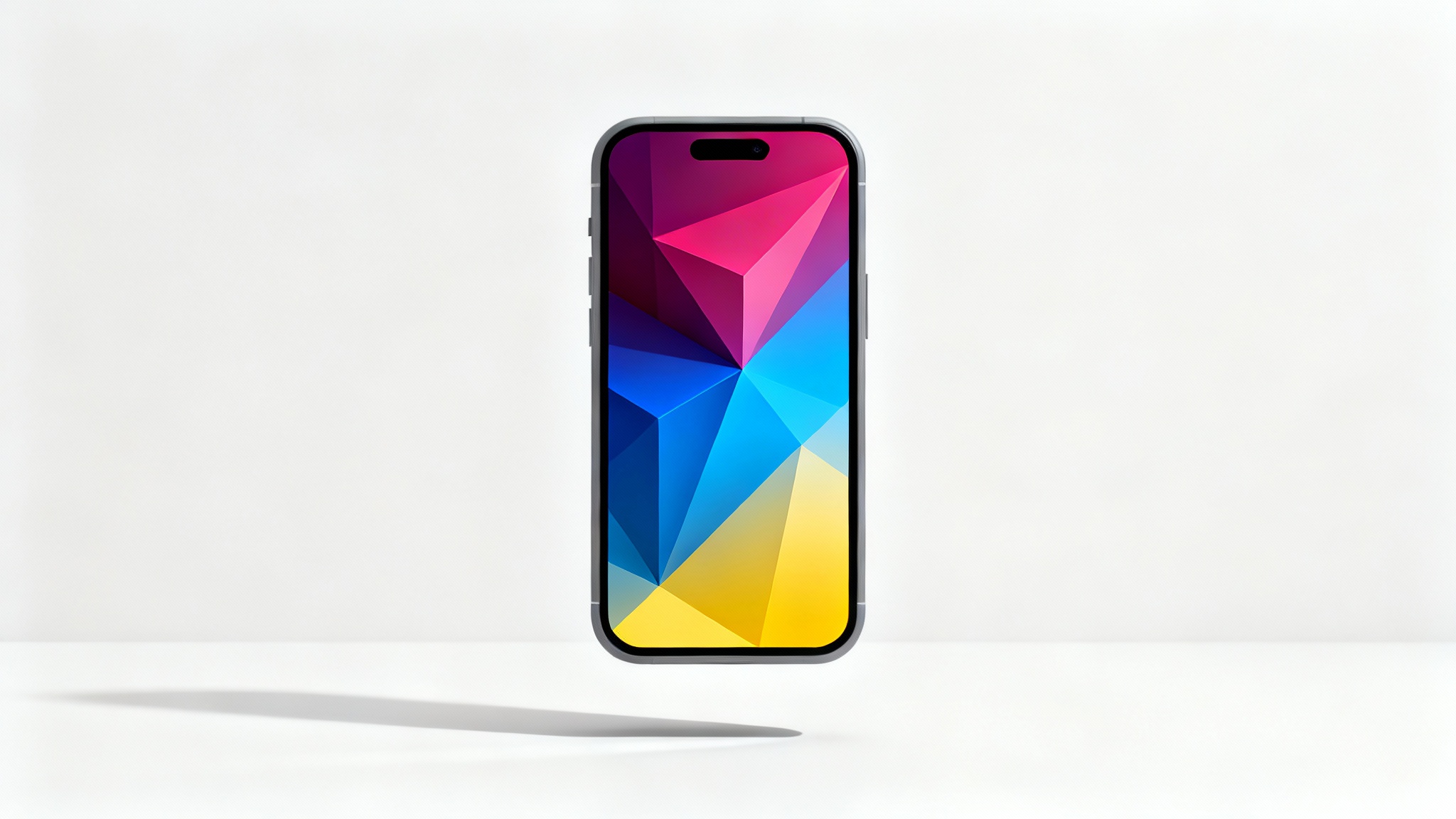 A mockup of a modern smartphone displaying a vibrant, abstract geometric wallpaper, set against a clean white background.