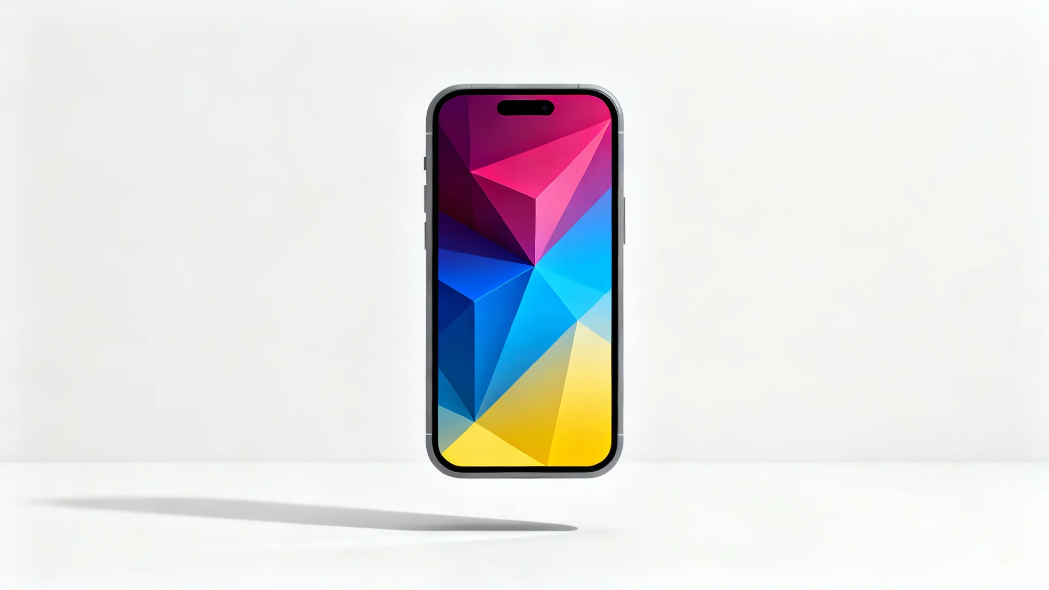 A mockup of a modern smartphone displaying a vibrant, abstract geometric wallpaper, set against a clean white background.