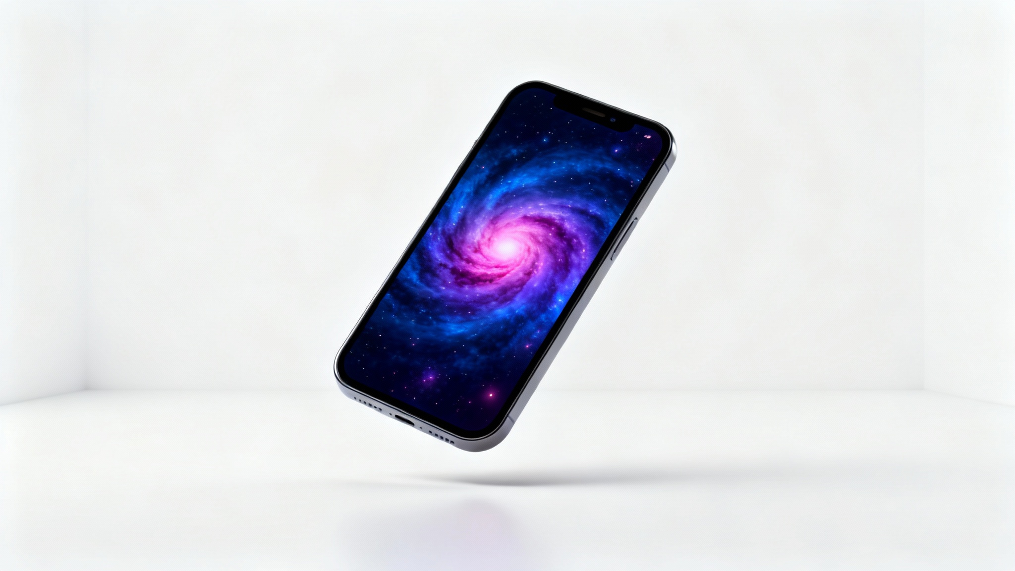 A modern smartphone displaying a vibrant, abstract cosmic wallpaper, set against a clean white background.