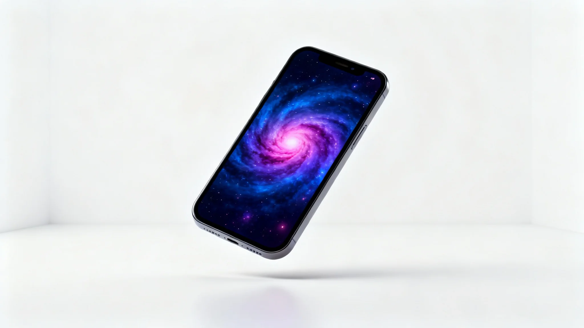 A modern smartphone displaying a vibrant, abstract cosmic wallpaper, set against a clean white background.