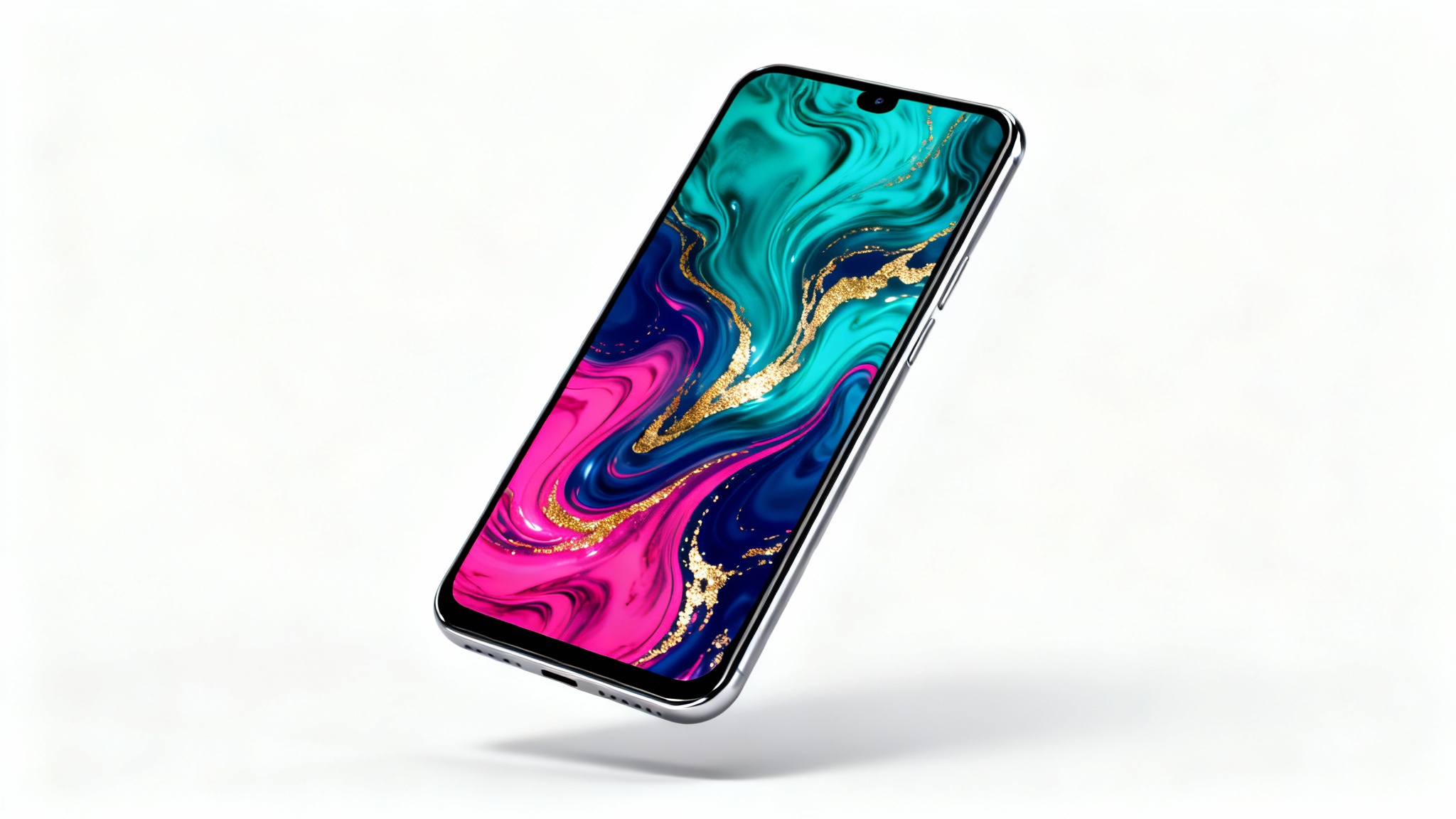 A sleek, modern smartphone displaying a vibrant abstract wallpaper with swirls of teal, magenta, and gold, set against a clean white background.