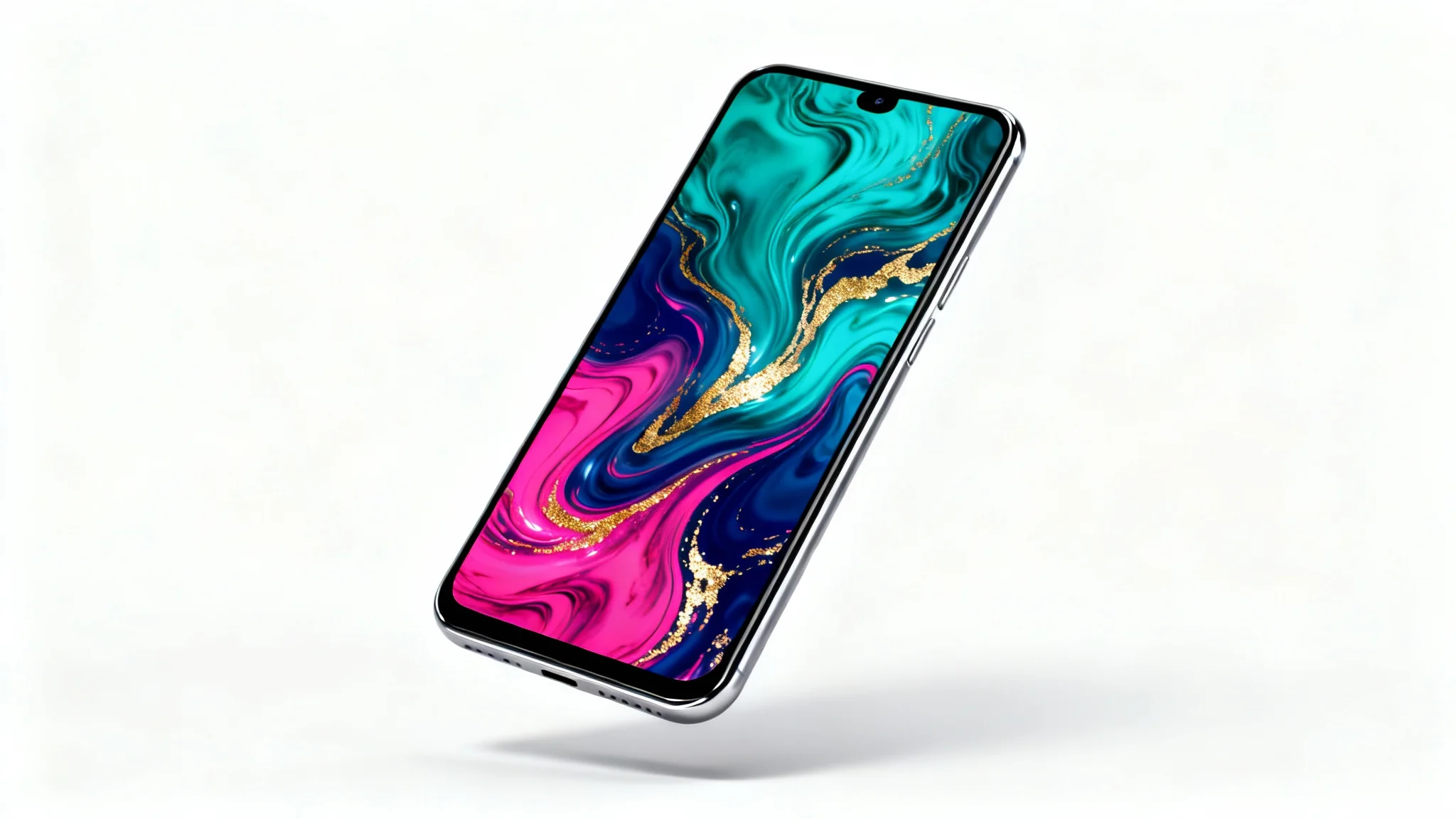 A sleek, modern smartphone displaying a vibrant abstract wallpaper with swirls of teal, magenta, and gold, set against a clean white background.