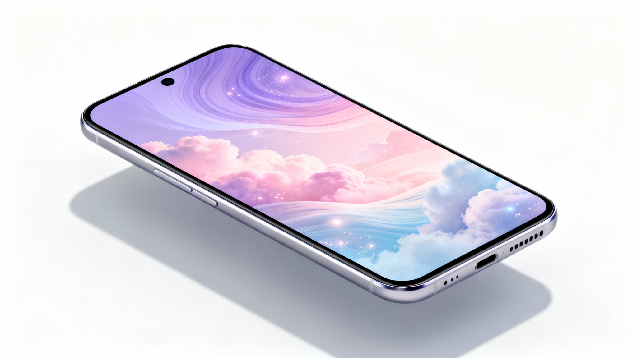 A mockup of a modern smartphone displaying a serene and abstract wallpaper with swirling pastel clouds, set against a clean white background.