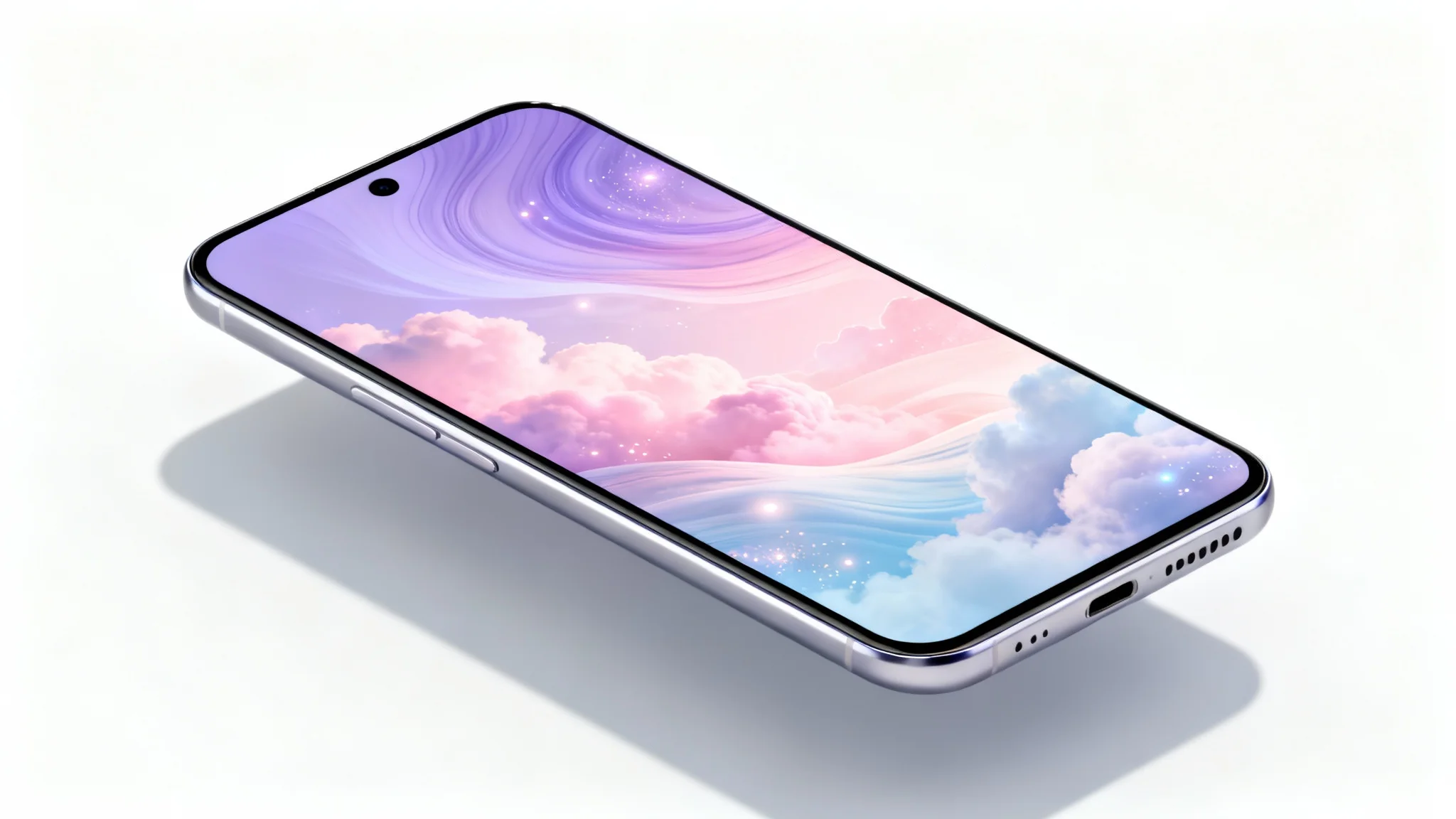 A mockup of a modern smartphone displaying a serene and abstract wallpaper with swirling pastel clouds, set against a clean white background.