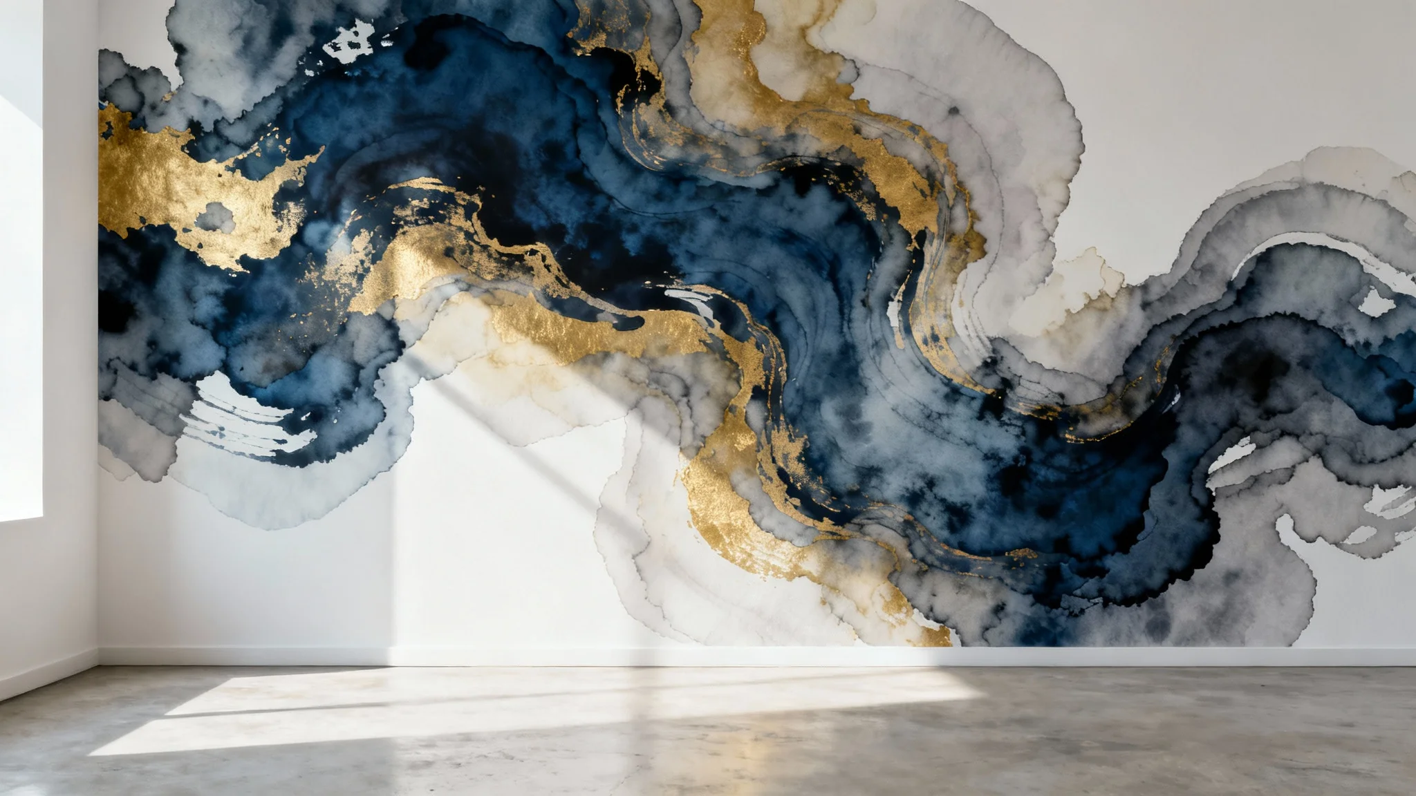 A minimalist room showcasing a feature wall with an abstract, fluid watercolor wallpaper in shades of blue, gold, and grey.