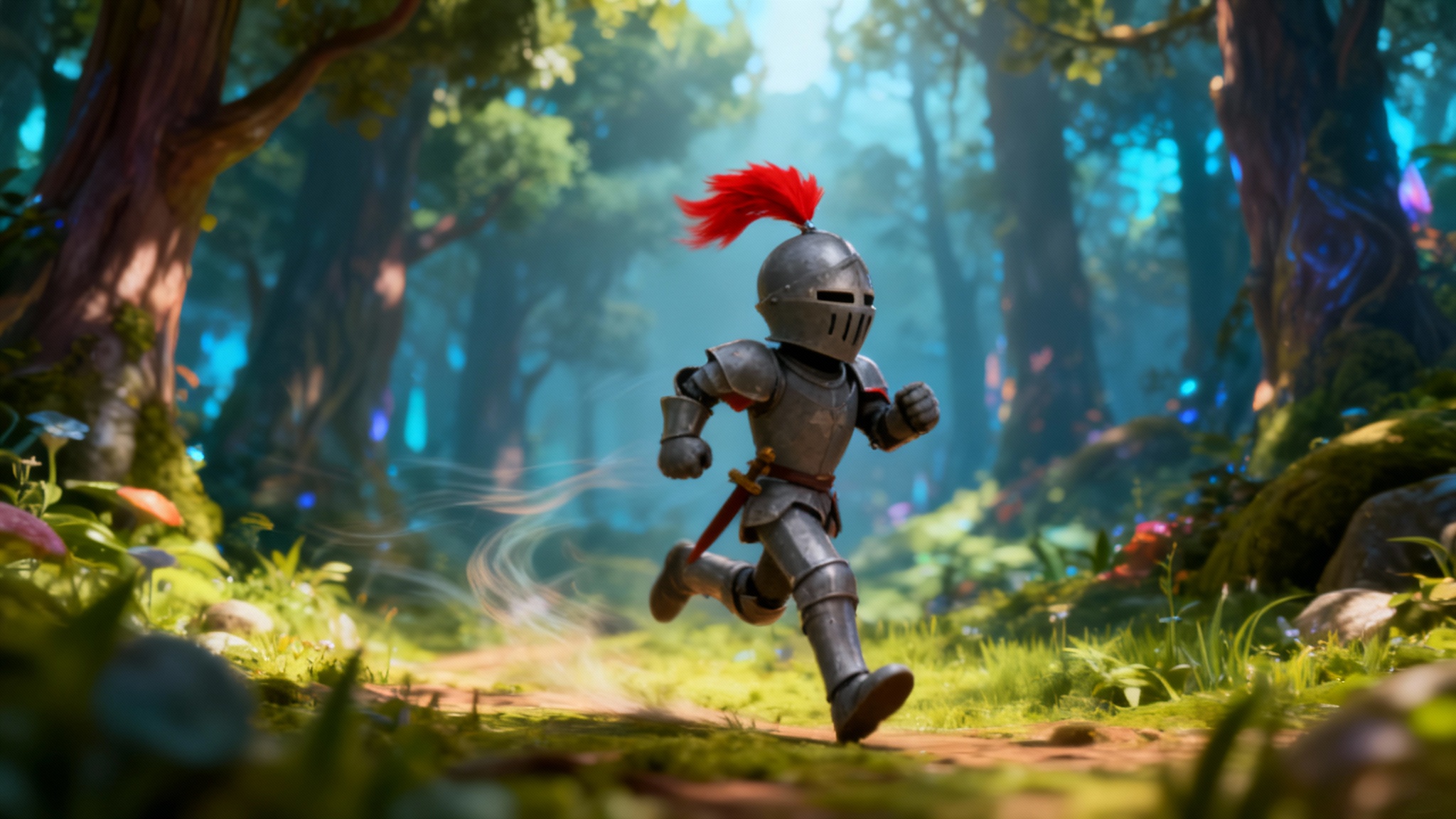A 2D animated knight character running through a colorful forest video game level, with motion trails indicating fluid movement, representing the final output of an animation tool.