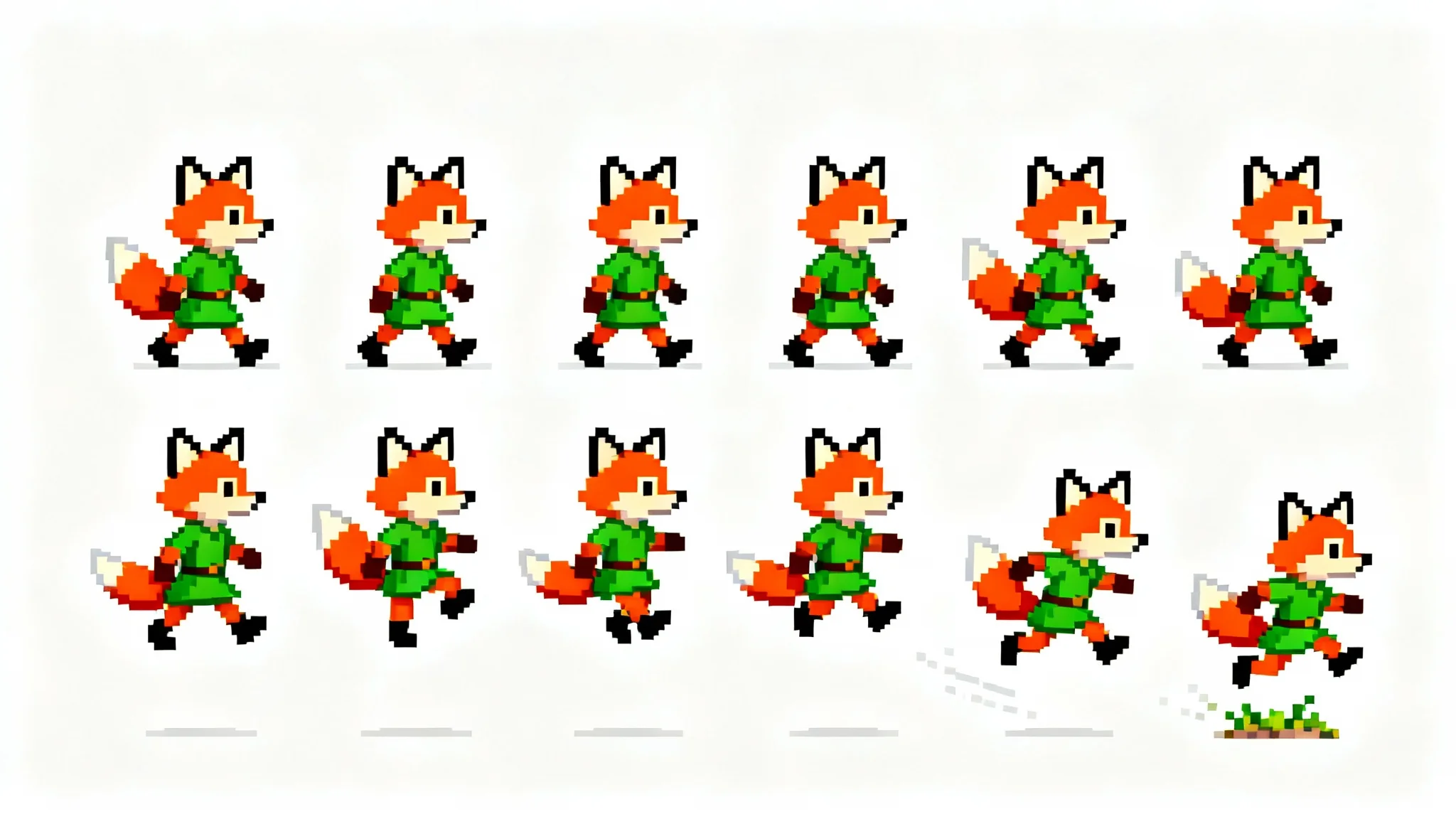 A pixel art sprite sheet of a fox character in a green tunic, showing the keyframes for walking and jumping animations on a white background.