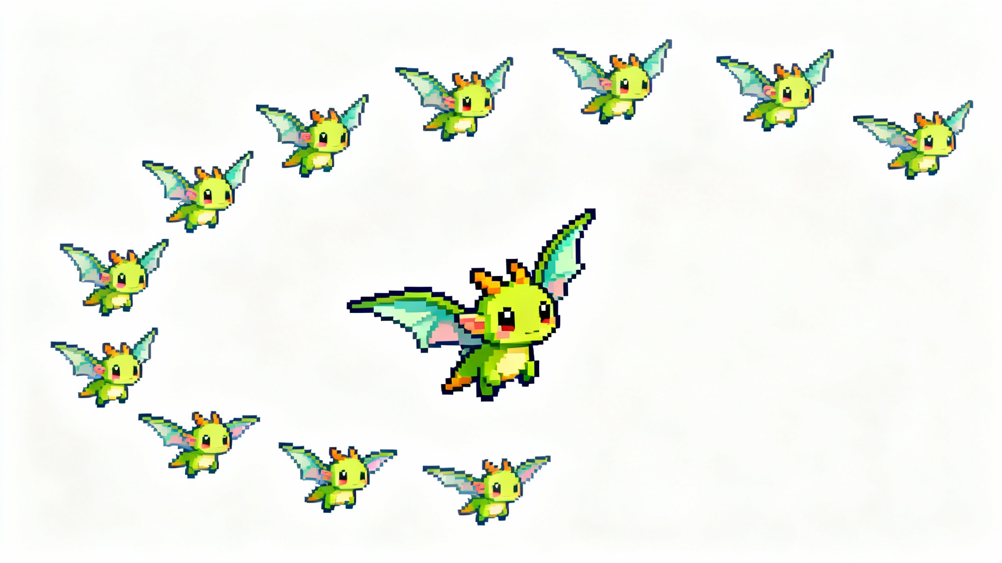 A series of 16-bit pixel art sprites arranged in an arc to show the flight animation of a fantasy character on a white background.