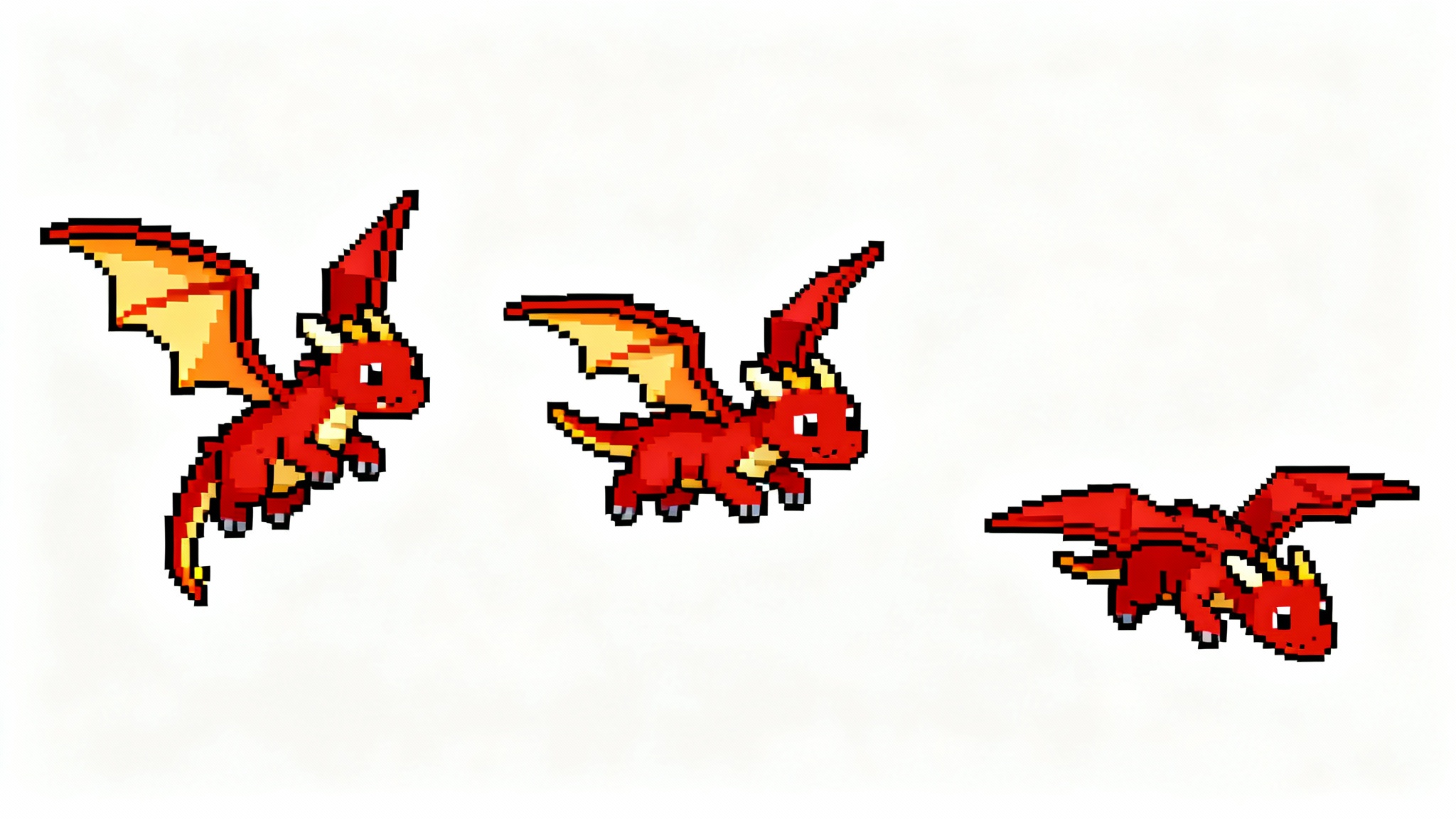 An illustration of a sprite animation sequence featuring a small, red, pixel art dragon in three frames of flight against a white background.