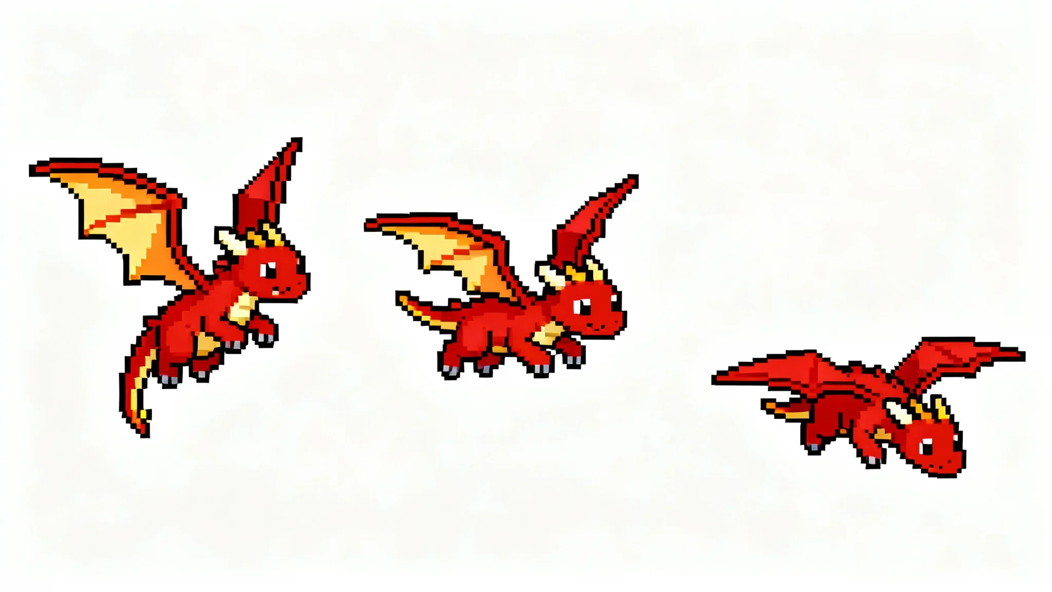 An illustration of a sprite animation sequence featuring a small, red, pixel art dragon in three frames of flight against a white background.