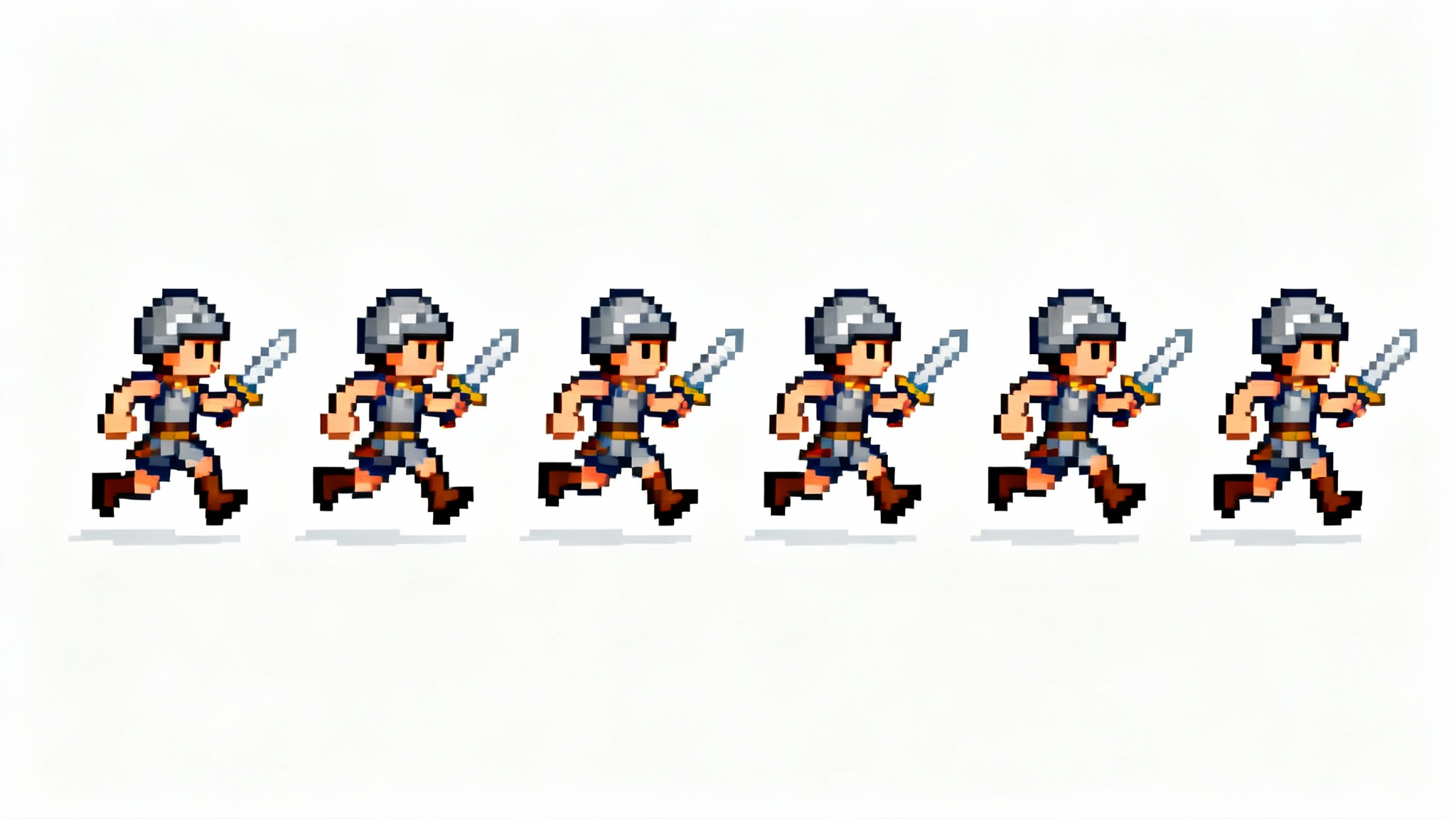A sequence of pixel art sprites showing the run cycle animation of a small warrior character, displayed horizontally against a white background.