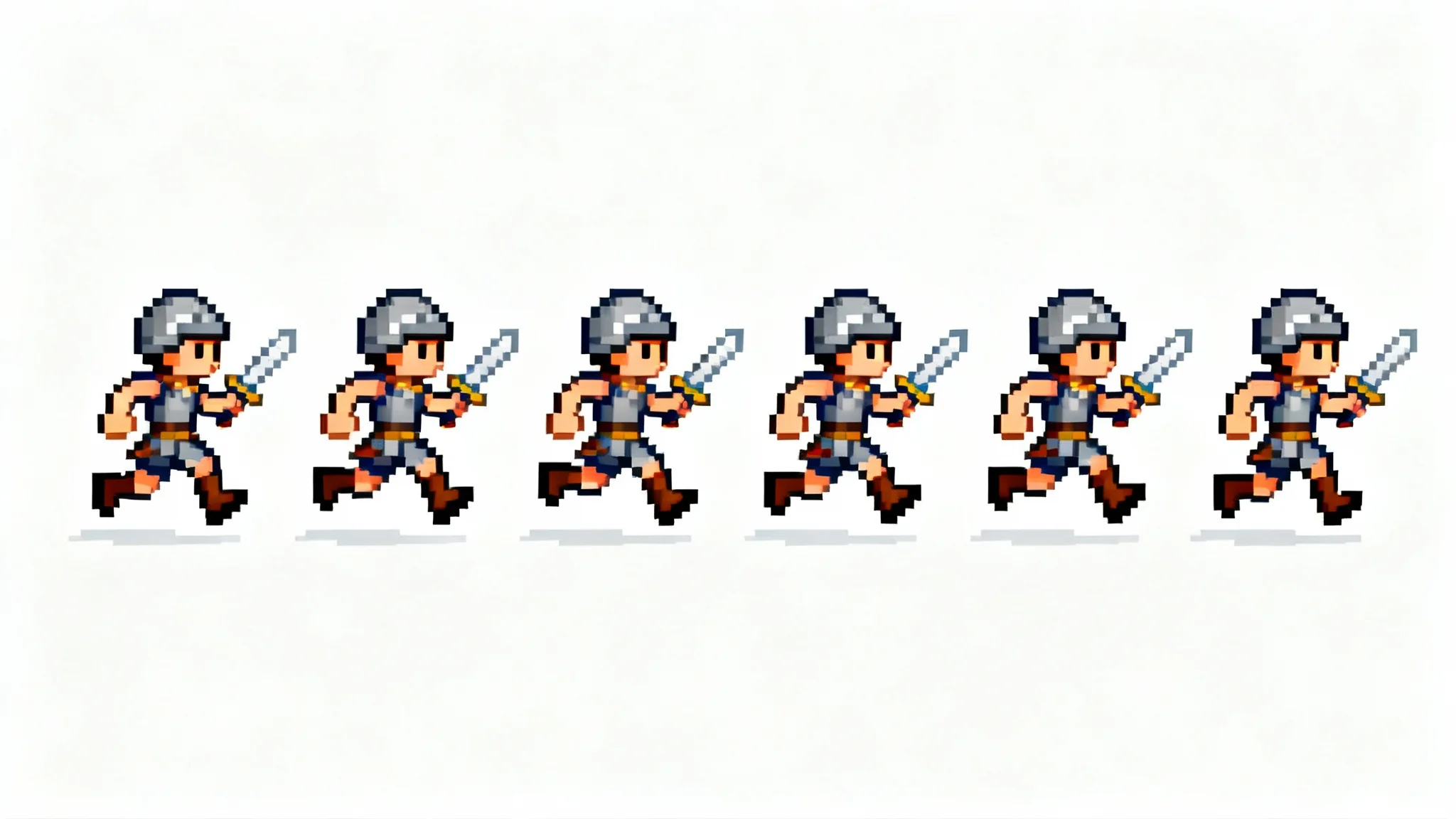 A sequence of pixel art sprites showing the run cycle animation of a small warrior character, displayed horizontally against a white background.