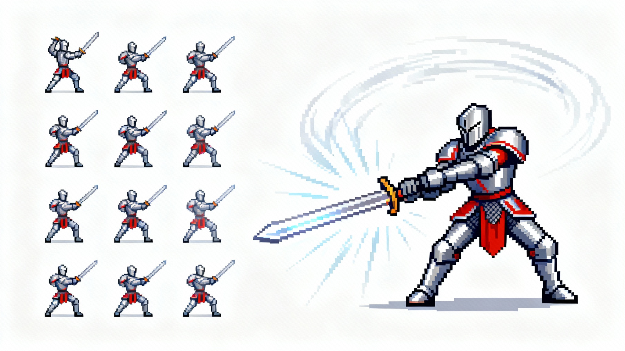 A 16-bit pixel art sprite sheet showing the frames of a knight's attack animation, with a larger, dynamic version of the knight completing the attack.