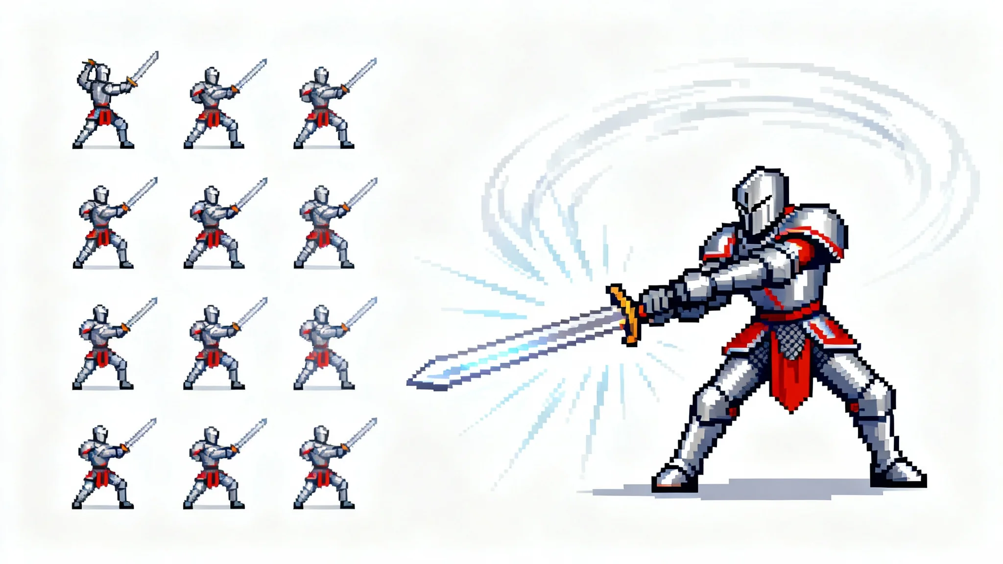 A 16-bit pixel art sprite sheet showing the frames of a knight's attack animation, with a larger, dynamic version of the knight completing the attack.