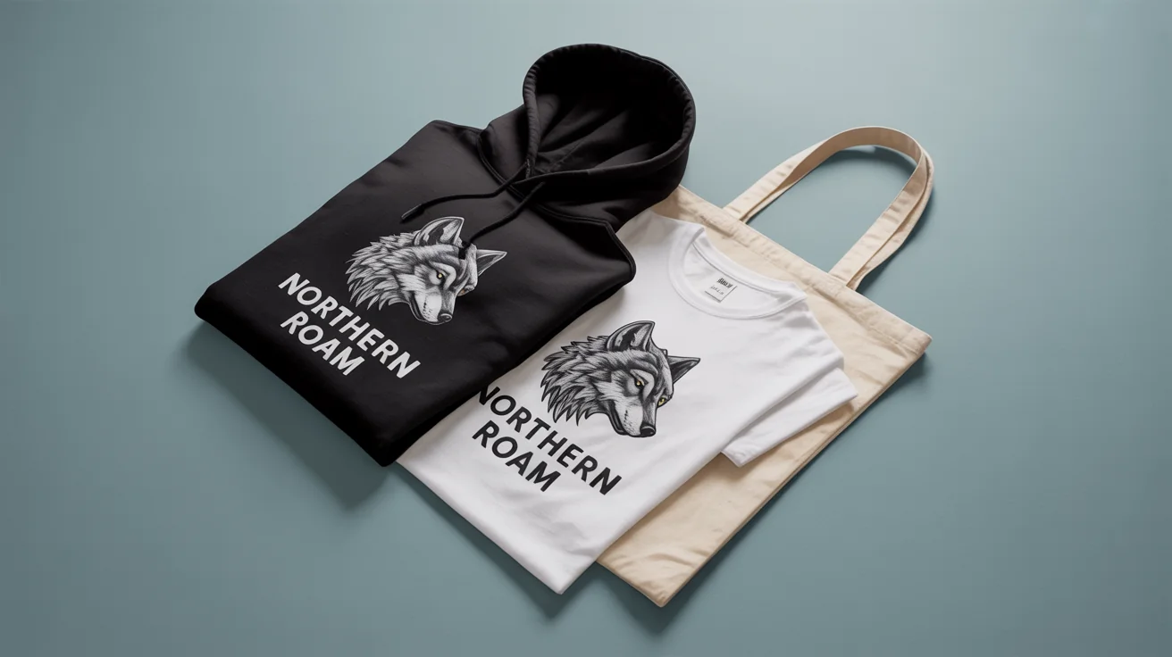 A professional flat lay photo of a merchandise collection, including a black hoodie, white t-shirt, and tote bag, all featuring a matching graphic of a geometric wolf and the words 'NORTHERN ROAM'.