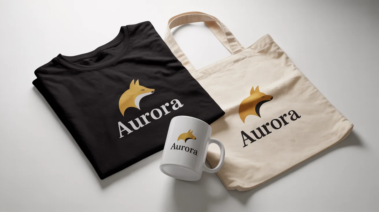 A professional mockup of a merchandise collection featuring a black t-shirt, a white mug, and a canvas tote bag, all branded with a golden fox logo and the name 'AURORA' on a white background.
