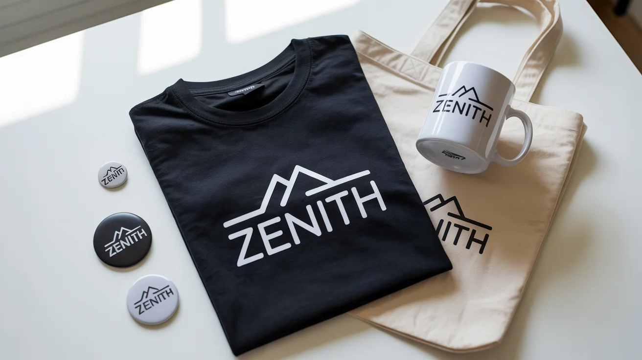 A professionally shot flat lay of branded merchandise, including a t-shirt, mug, and tote bag with the fictional brand name 'ZENITH', arranged on a clean white background.