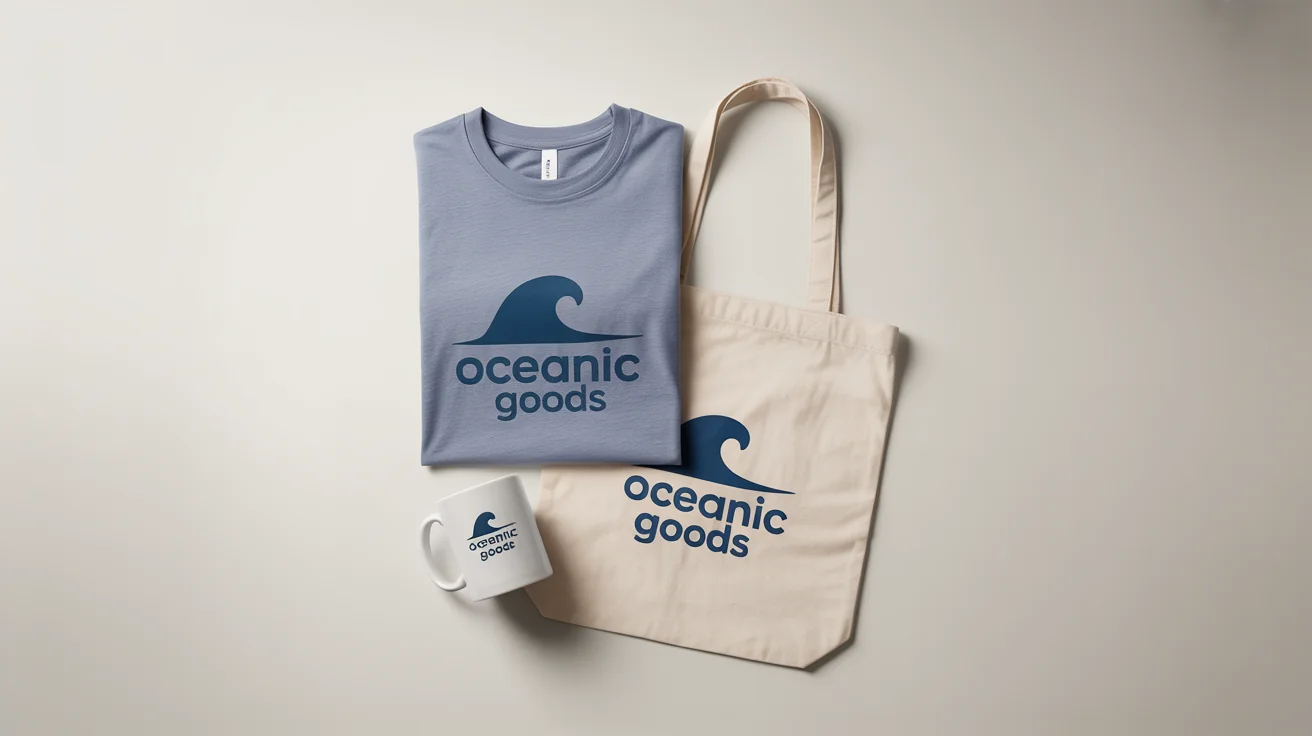 A photorealistic mockup of merchandise including a t-shirt, mug, and tote bag, all branded with a fictional 'Oceanic Goods' logo, arranged neatly on a white background.