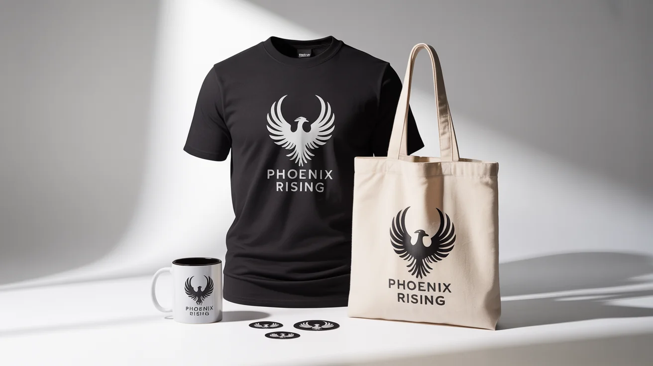 A professional mockup of merchandise including a black t-shirt, a white mug, a canvas tote bag, and stickers, all featuring a 'Phoenix Rising' logo, displayed on a clean white background.