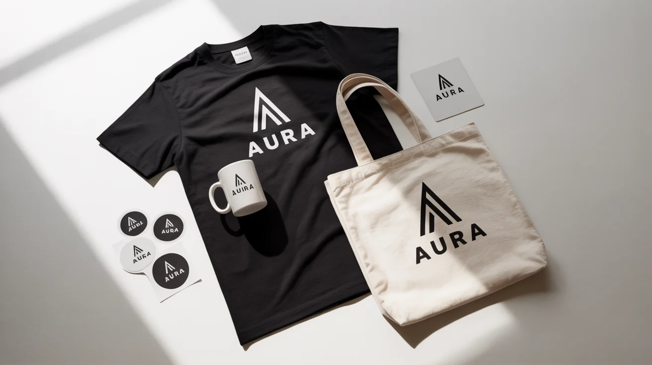 A collection of branded merchandise, including a t-shirt, tote bag, and mug with a fictional 'AURA' logo, arranged neatly on a white background.