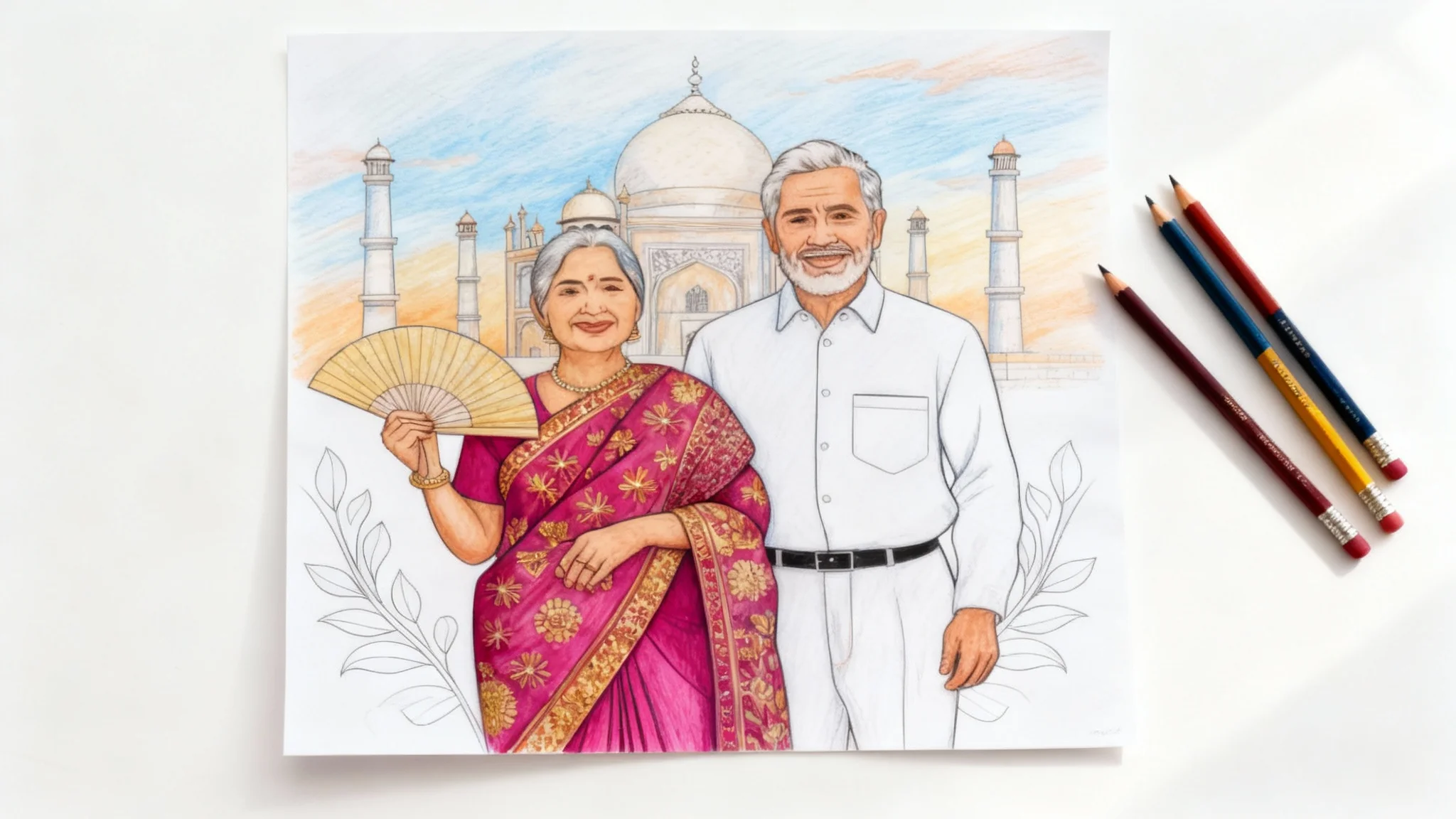 A top-down view of a partially colored-in coloring page showing an older couple at the Taj Mahal, with vibrant colors on the woman's sari and parts of the background. Colored pencils are laid neatly beside the page on a white surface.