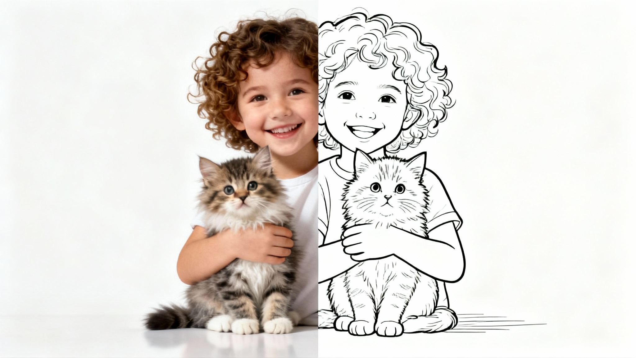 A side-by-side comparison showing a color photo of a child holding a kitten on the left, and the same image converted into a black-and-white line art coloring page on the right, against a white background.