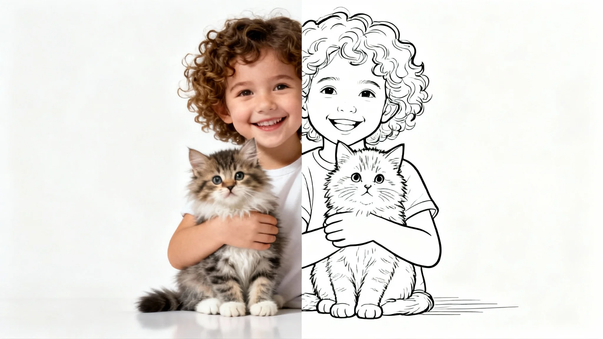 A side-by-side comparison showing a color photo of a child holding a kitten on the left, and the same image converted into a black-and-white line art coloring page on the right, against a white background.