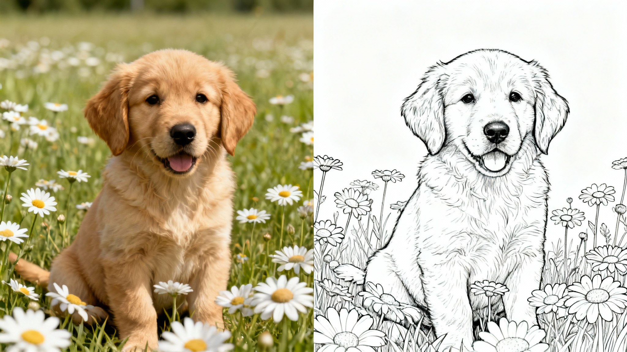 A split-screen image demonstrating a photo being converted into a coloring page. The left side shows a color photo of a puppy, and the right side shows the same image as a black-and-white line drawing.