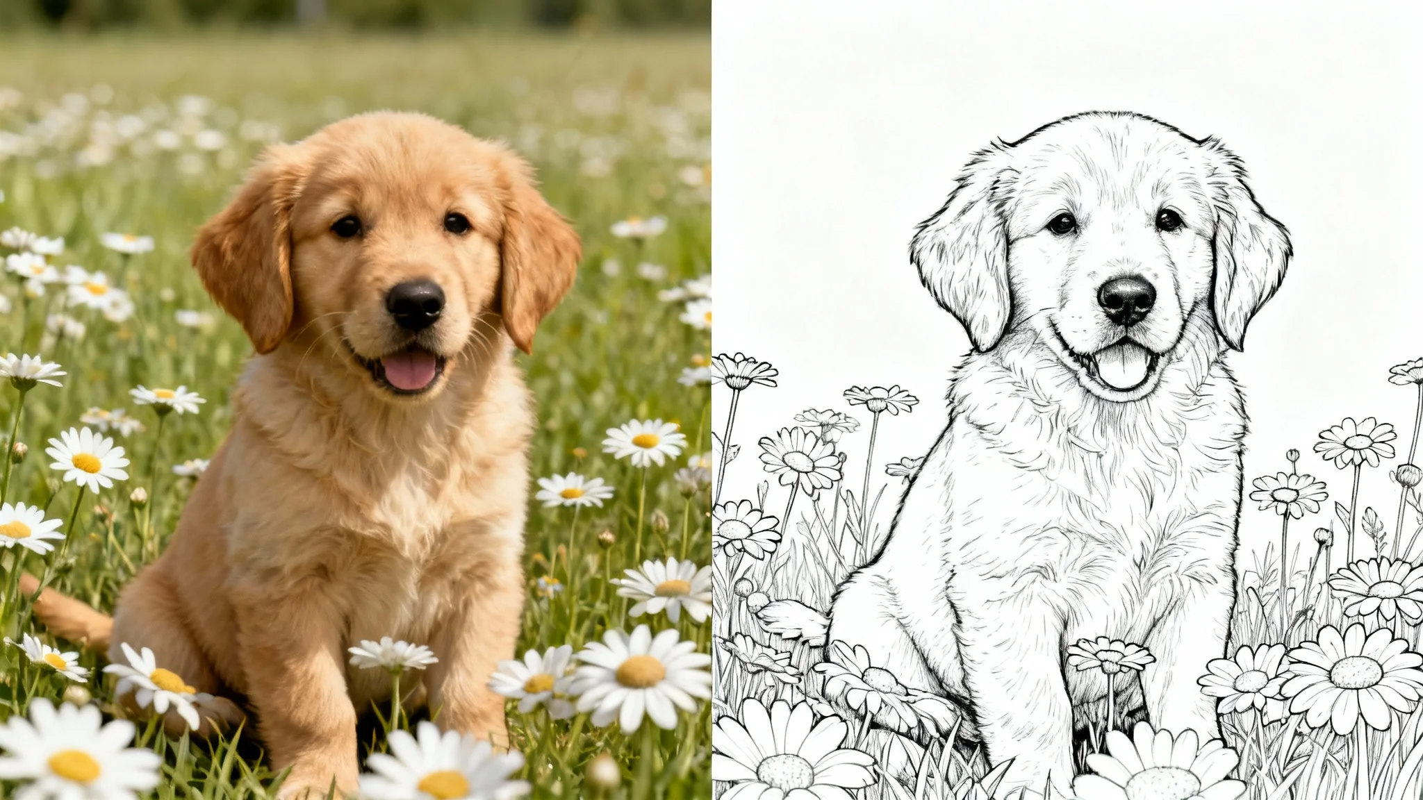 A split-screen image demonstrating a photo being converted into a coloring page. The left side shows a color photo of a puppy, and the right side shows the same image as a black-and-white line drawing.