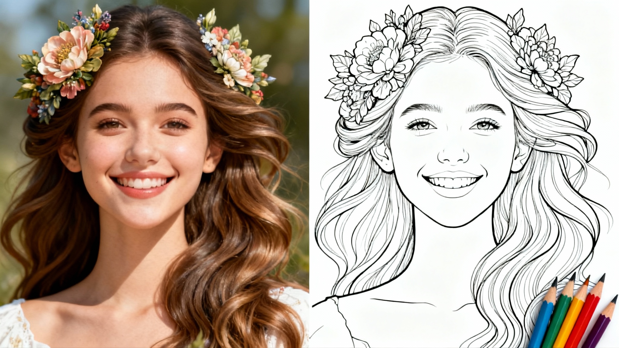 A split-screen image displaying the 'coloring page from photo' concept. The left shows a color photo of a woman; the right shows the same image as a black and white line art coloring page with colored pencils.