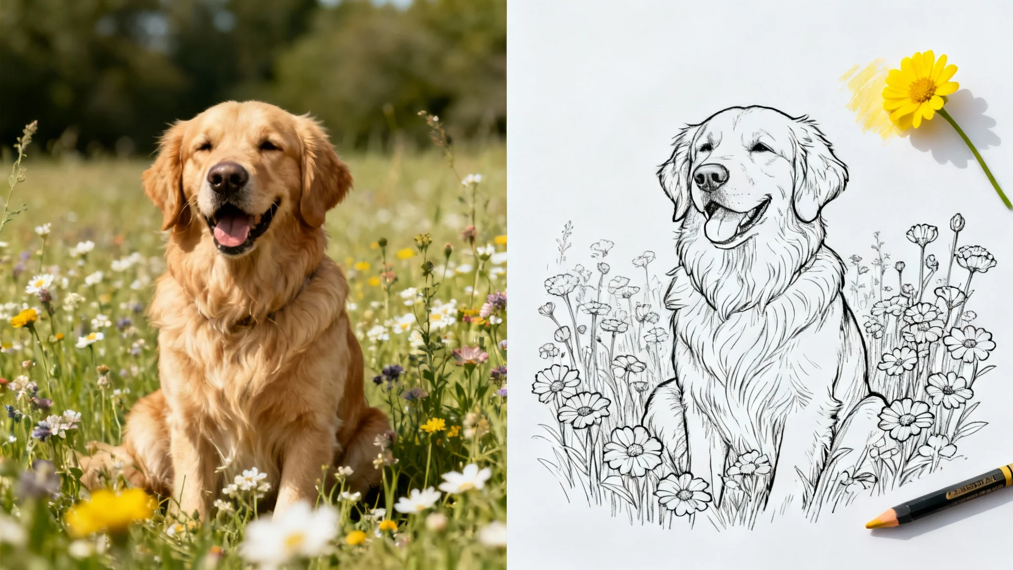A split image showing a color photo of a golden retriever on the left, and its conversion into a black-and-white coloring page on the right, with a small part colored in.