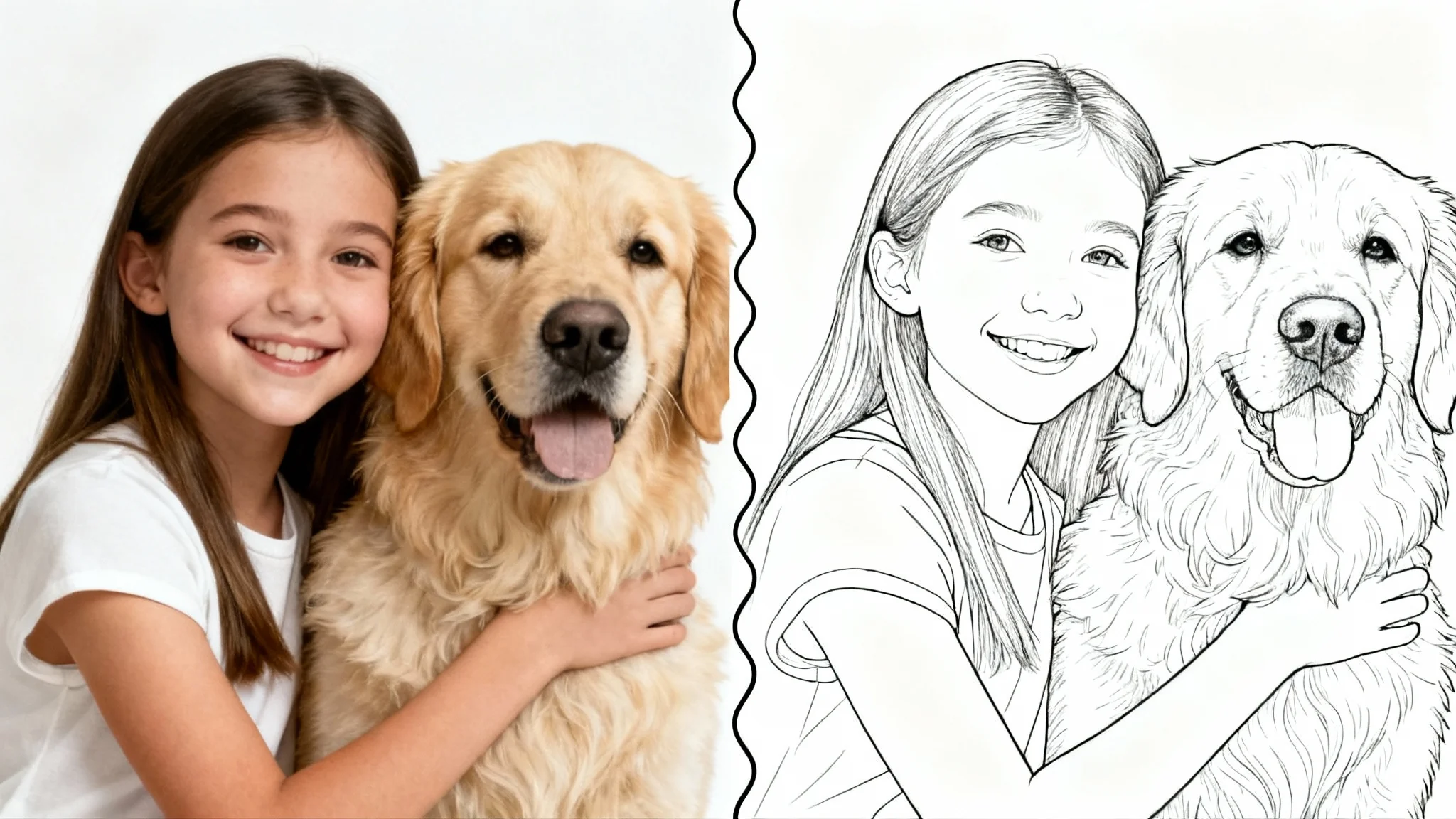 A side-by-side comparison showing a photo of a girl and her dog transforming into a black-and-white line art coloring page on a white background.