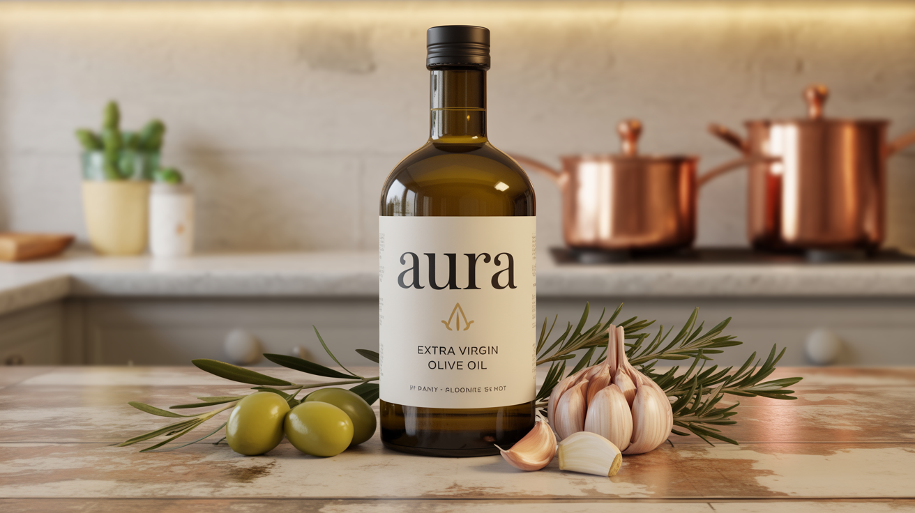 A professionally designed bottle of 'AURA' extra virgin olive oil sitting on a wooden kitchen counter, surrounded by fresh olives and herbs, showcasing a final label design.