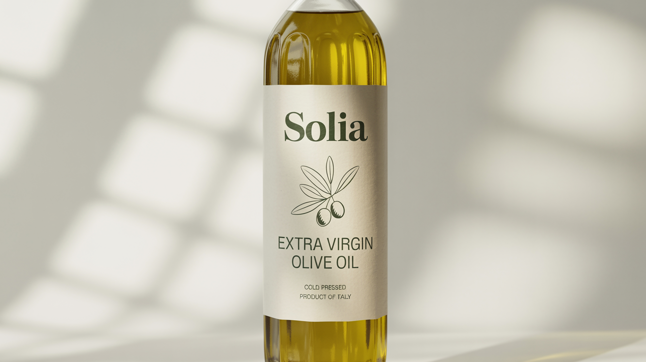 A product mockup of a premium cooking oil bottle, featuring a label with the brand name 'Solia' and the text 'Extra Virgin Olive Oil', set against a clean white background.