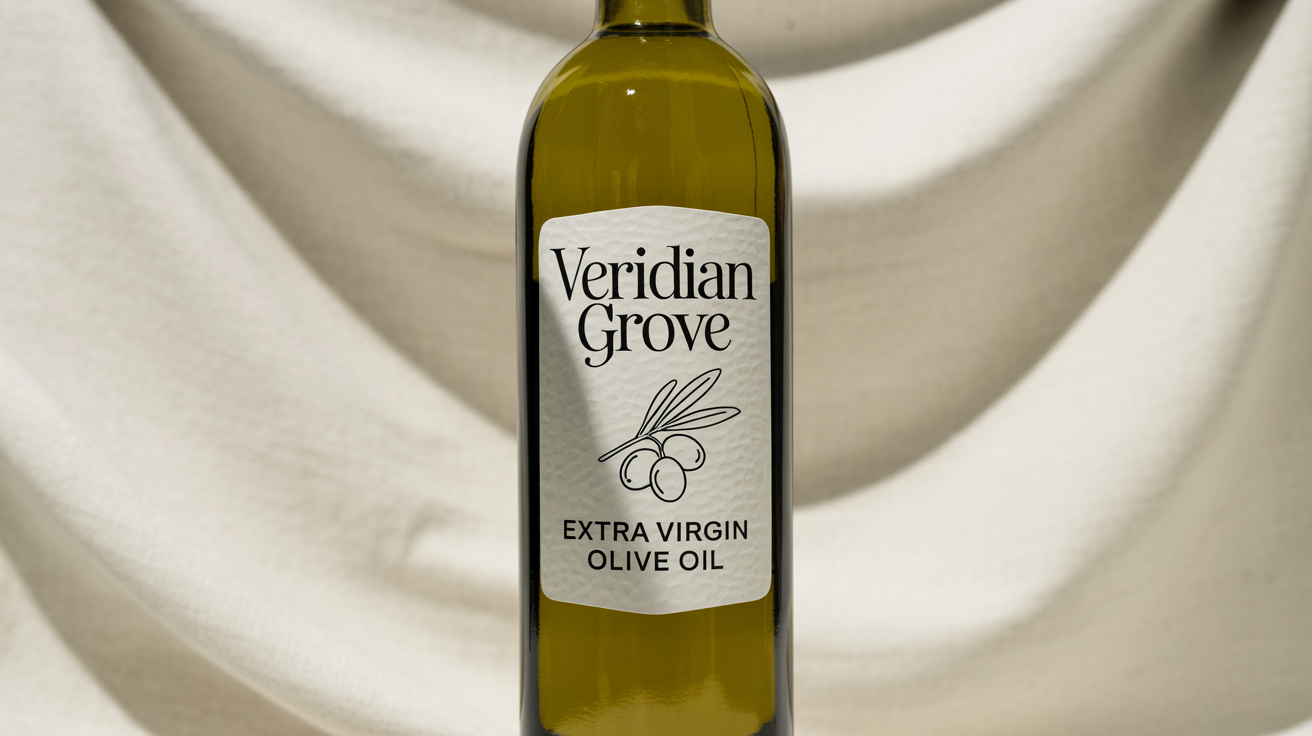 A photorealistic mockup of a bottle of Veridian Grove Extra Virgin Olive Oil, featuring an elegant, minimalist label, against a clean white background.