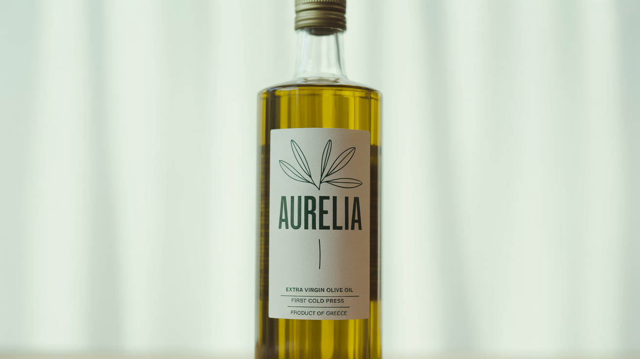 A product mockup of a clear glass bottle of 'AURELIA' extra virgin olive oil, featuring a minimalist label with an olive branch, set against a clean white background.