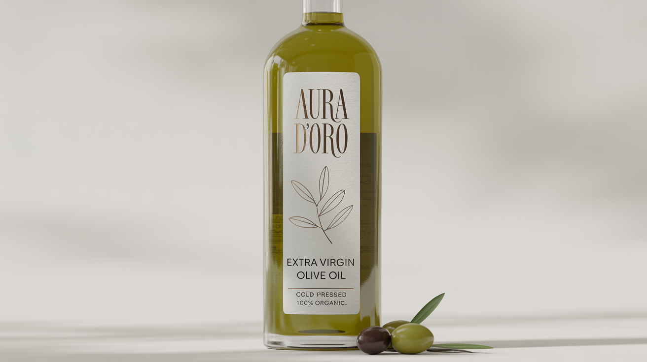 A photorealistic mockup of a premium bottle of 'Aura D'oro' extra virgin olive oil, featuring a clean, elegant label design against a stark white background.