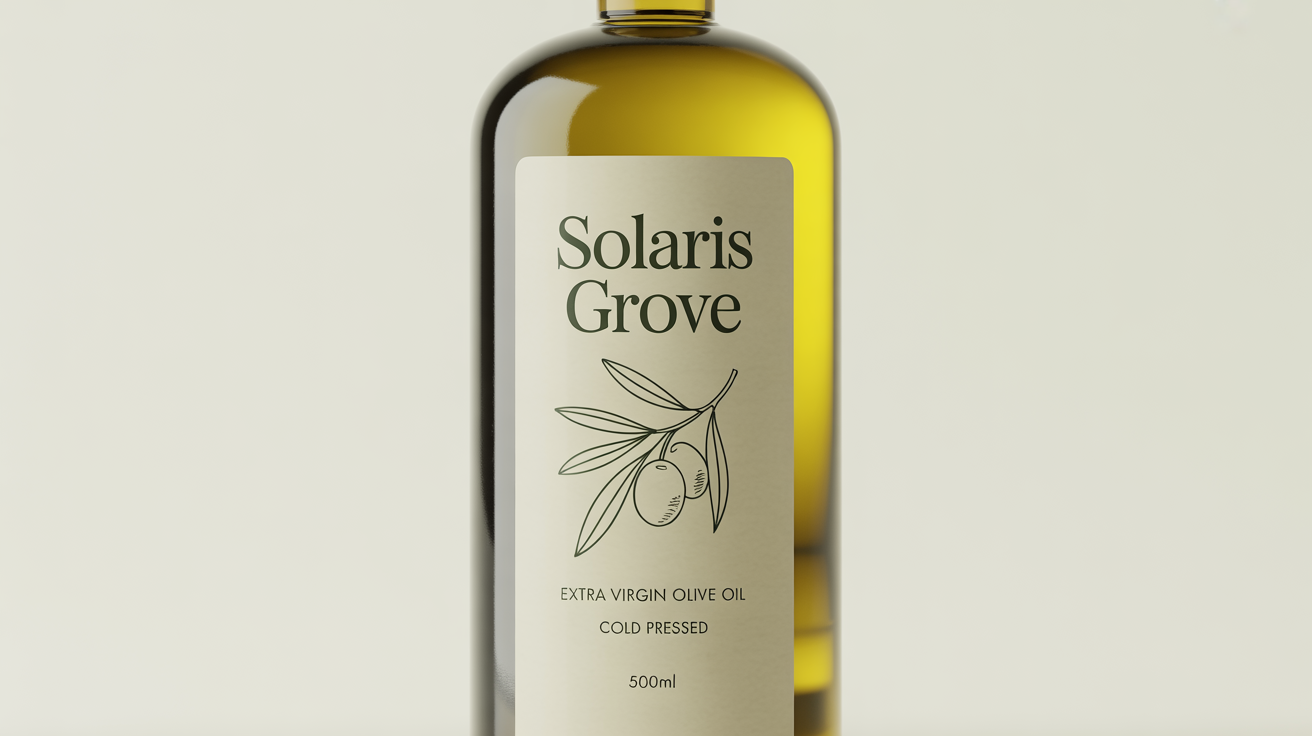 A product mockup of a bottle of 'SOLARIS GROVE' Extra Virgin Olive Oil, featuring a clean, minimalist label design against a white background.